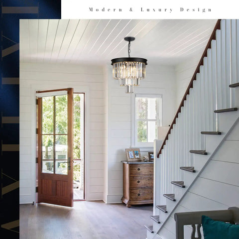 Modern Sleek 3 Tier Black Crystal Chandelier Pendant Light With Dimmable LEDs Flush Mount Ceiling Fixture in an entryway