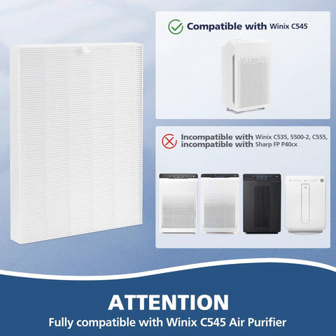 4 Pack C545 HEPA Replacement Filter S for C545 Air Purifier showing compatibility and incompatible models.