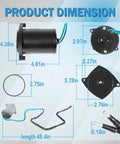 Diagram showing dimensions of 12V Outboard Tilt Trim Motor For All Models 135HP To 225HP Replacement Beefy 828708 828708T