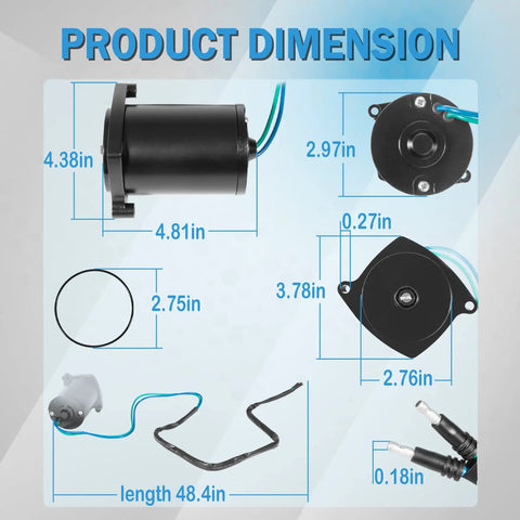 Diagram showing dimensions of 12V Outboard Tilt Trim Motor For All Models 135HP To 225HP Replacement Beefy 828708 828708T