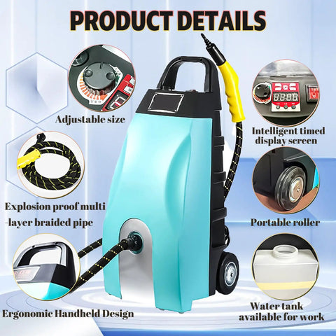 Heavy Duty Portable Steam Cleaner With Massive 3.5 Liter Tank And Lightning Fast 40 Second Heat Up To Crush Nasty Buildup Without Any Sweat In Kitchens Cars Or Local Shops Blue, showing ergonomic handle and adjustable features.