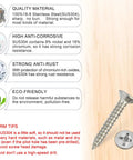 Image showing features of a screw from the 80 Piece Set Of 304 Stainless Steel Wood Screws With Flat Head Phillips Drive And Adjustable Countersink Kit Size 8 By 1 Inch Rustproof And Durable For DIY Wood Projects Pre Drill For Hard Wood Not For Metal, highlighting quality material, anti-corrosion, anti-rust, and eco-friendliness.