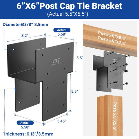 4 Pack 6x6 Post Cap Tie Brackets Actual 5.5x5.5 Ultra Heavy Duty 3.5mm Stainless Steel Post To Beam Connectors For Pergola Gazebo Deck Patio Rustproof Dark Gray