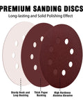 Three 5-inch hook-and-loop sanding discs in light beige, brown and maroon with 8-hole dust-collection pattern