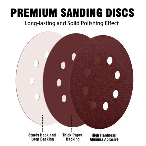 Forty Four Pack 5 Inch 8 Hole Hook And Loop Sanding Discs Red Round 60 Grit Dust Collection Durable Sandpaper Layers