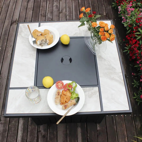 30-Inch Propane Fire Pit With Real Ceramic Tabletop And Glass Rock, 50000 BTU Outdoor Gas Fire Table With Lid in dining setup