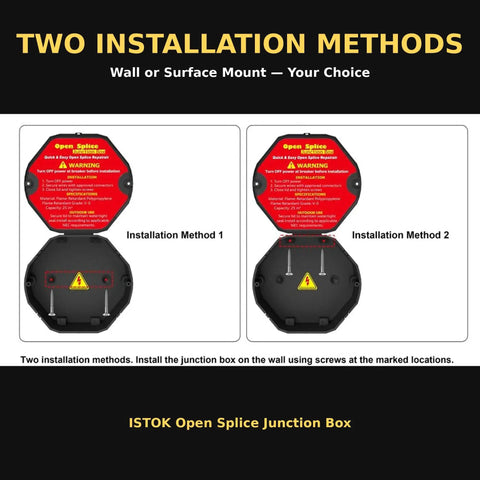 Two installation methods for Open Splice Junction Box 6 Pack Kit With 18 Twist On Wire Connectors Pro Grade DIY Electrical Box For Wiring Flame Retardant PP Plus ABS V0 Home Garage Workshop Screws Included.