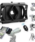 360 Degree Rotating Telescope Phone Adapter For Android And iPhone shown with universal smartphone holder mount and Bluetooth shutter