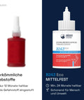 Comparison of conventional adhesive and BÄDER B243 Eco medium-strength blue thread locker for metal fastening and high temperature resistance.