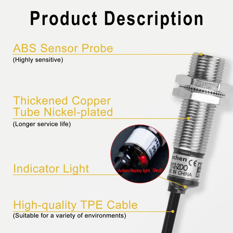 M12 Inductive Proximity Sensor Switch PR12-2DO, cylindrical, nickel-plated with ABS probe, indicator light, high-quality TPE cable