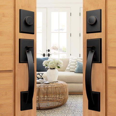 Front Door Lock Set With Double Door Handle And Dummy Exterior Lock Oil Rubbed Bronze Zinc Alloy Universal Reversible Design Matte Black Finish Easy Install For 1 3 8 To 1 3 4 Inch Doors Includes After Sales Service installed on double doors