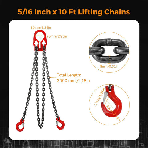 Front view of BEAMNOVA lifting chains, 5/16 in × 10 ft, two-leg sling with adjustable top hook