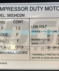 Label of 2 HP Compressor Duty Electric Motor Open Drip Proof Single Phase 3450 RPM 56 frame with specifications