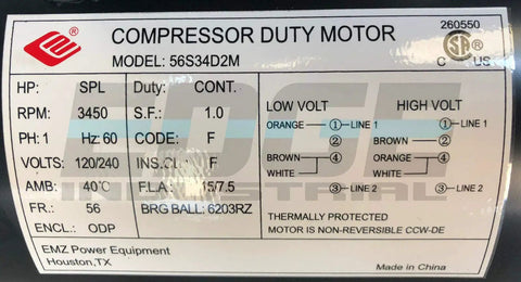 Label of 2 HP Compressor Duty Electric Motor Open Drip Proof Single Phase 3450 RPM 56 frame with specifications