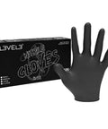 Top Shelf Heavy Duty Nitrile Barber Gloves Latex Free Box Of One Hundred Black Salon Hair Dye Chemical Protection Barriers With Non Slip Grip And Slick Hand Feel For Daily Grind Barbers On The Move displayed with a single glove and the box.