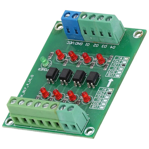 Optocoupler Isolation Board 24V To 5V PLC Level Voltage Converter Module Four Channel for industrial automation projects.