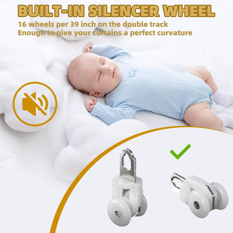Heavy Duty Dual Curtain Rod System With Wall Mount Track And Aluminum Alloy Brackets, Decorative Round Finials, Silent Operation, Ideal For Bedroom Living Room And Hotel Windows, Golden Finish, 1.8m Length wall track with silent wheels and baby sleeping
