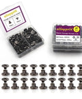 Quality Badass Gun Black Chicago Screw Kit Features Fifty Sets Of M5X4 Leather Rivet Fasteners in a clear storage box.
