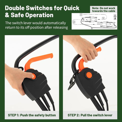 Electric Walk Behind Lawn Mower With 10 Amp Motor And 13 Inch Cutting Deck Grass Collection Bag 3 Adjustable Cutting Heights Corded Mower For Small To Medium Lawns Easy Start Go To Tool For Fast Garden Care control handle with safety button and lever