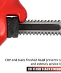 Nine And A Half Inch Hex Offset Wrench With One Eighth To Two And Five Eighths Inches Capacity Built Tough For Heavy Duty Hex Jaw Pipe Wrench Ductile Iron Chrome Vanadium Build Slim Jaws For Tight Spaces, close-up of CR-V black finished head