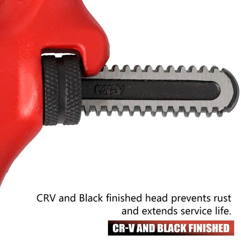 Nine And A Half Inch Hex Offset Wrench With One Eighth To Two And Five Eighths Inches Capacity Built Tough For Heavy Duty Hex Jaw Pipe Wrench Ductile Iron Chrome Vanadium Build Slim Jaws For Tight Spaces, close-up of CR-V black finished head