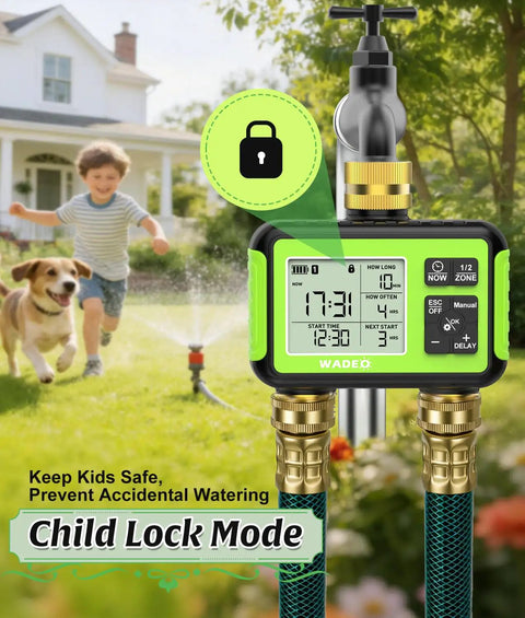 Brass Inlet And Outlet Sprinkler Timer For Garden Hose, 2 Zone Outdoor Water Timer With Rain Delay, Child Lock Mode