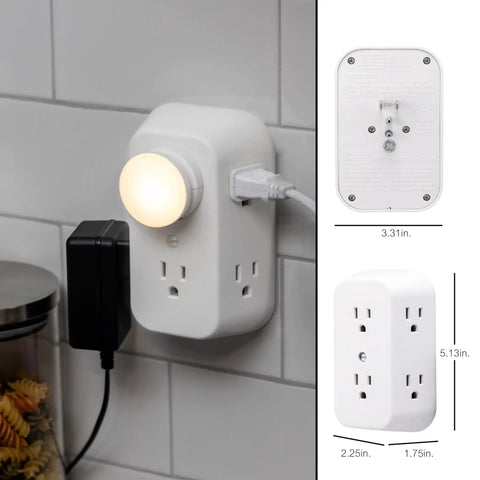 Six Outlet Extender Power Tap 2 Pack Grounded Wall Tap With Spaced Outlets And 3 Prong Splitter Converts Two Outlets Into Six For Lamps Laptops Phones Tablets Easy Install UL Listed White installed on kitchen wall