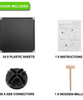 Components of Dope Modern 6 Cube Wire Storage Organizer Shelves Unit including plastic sheets, ABS connectors, mallet, and instructions.