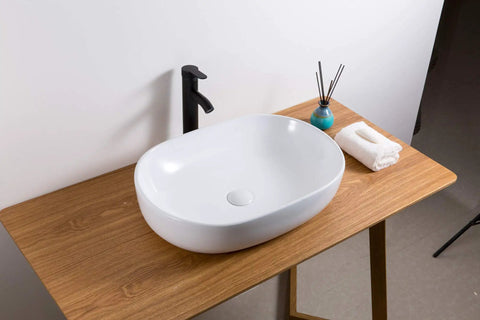 White Oval Vessel Sink For Bathroom Above Counter Vanity 24 By 16 Inch Porcelain Ceramic Wash Basin No Mounting Ring Needed