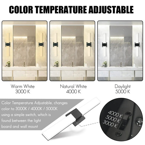 24 Inch Dimmable Bathroom Vanity Light Matte Black Wall Mount With 20W LED Three Color Temperatures 3000K 4000K 5000K Over Mirror
