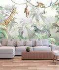 Bright Tropical Leaves And Safari Animals Kids Wall Mural For Bedroom And Living Room TV Background Not Peel And Stick
