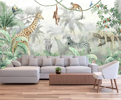 Bright Tropical Leaves And Safari Animals Kids Wall Mural For Bedroom And Living Room TV Background Not Peel And Stick