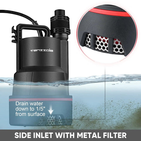 Heavy Duty 1/3 HP Submersible Sump Pump for Fast Water Removal with visible metal filter, black thermoplastic body