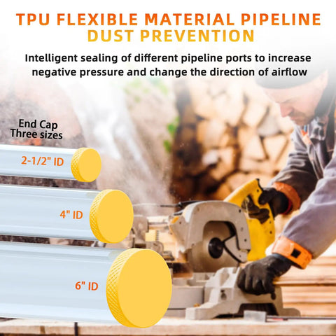 TPU flexible dust collection end caps in 2-1/2", 4", and 6" sizes for airtight vacuum performance.