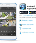 Amcrest View Pro app interface on smartphone showing live security camera feeds, compatible with 2 Pack 4K AI PoE Outdoor Turret Camera System