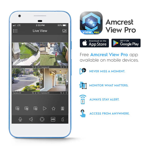 Amcrest View Pro app interface on smartphone showing live security camera feeds, compatible with 2 Pack 4K AI PoE Outdoor Turret Camera System