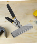Manual Sheet Metal Bender Tool With Straight Jaw, 6 Inch Hand Seamer on a workbench, surrounded by construction tools and screws.