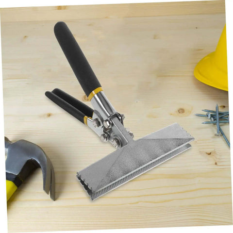 Manual Sheet Metal Bender Tool With Straight Jaw, 6 Inch Hand Seamer on a workbench, surrounded by construction tools and screws.