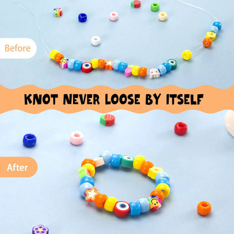Clear Jewelry Glue For Elastic String With Built-In Brush, Quick-Dry Craft Adhesive showing 'before' and 'after' of beaded bracelet.