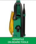 Heavy Duty Bagless Upright Vacuum Chomping Debris On Carpets Hardwood Floors And Furniture With Beastly Suction Plus Onboard Tools and Commercial Filtering For Daily Grind Cleaning side view with cords and tools.