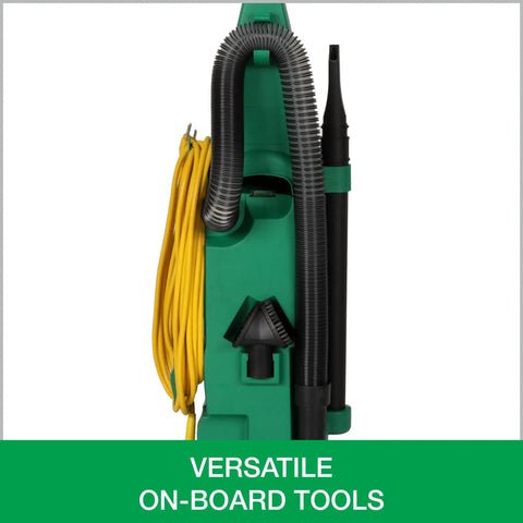 Heavy Duty Bagless Upright Vacuum Chomping Debris On Carpets Hardwood Floors And Furniture With Beastly Suction Plus Onboard Tools and Commercial Filtering For Daily Grind Cleaning side view with cords and tools.