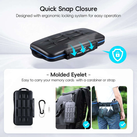 Heavy Duty Memory Card Case Organizer Holding 4 Cfast 8 Sd And 16 Microsd Cards With Beater Proof Abs Shell, Quick snap closure.