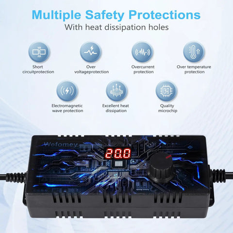 Power Supply Kit 3V To 24V Adjustable 6A 144W With LCD Display showing 2.8V with safety features highlighted