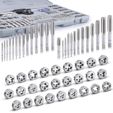 Front view of 60-piece Master Tap and Die Set in storage case; SAE #4-1/2in & metric M3-M12, coarse and fine threads