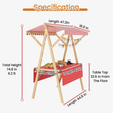 Heavy Duty Portable Folding Vending Cart With Locking Wheels Perfect For Street Food And Coffee Sales Featuring Sturdy Wood Frame And Waterproof Cover showing dimensions and design details.