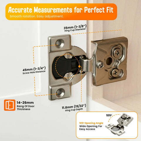 Heavy Duty 50 Pack Soft Close Cabinet Hinges for face frame kitchen cabinet doors 1/2 inch overlay concealed, measurements shown.