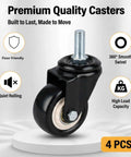 Heavy Duty Swivel Caster Set Of 4 With 2 Inch Wheels And M10 Threaded Stem For Shelving And Cart Mods Smooth As Butter Silent Metal Wheels No Brake Included Quick Swap view highlighting 360° swivel and black design.