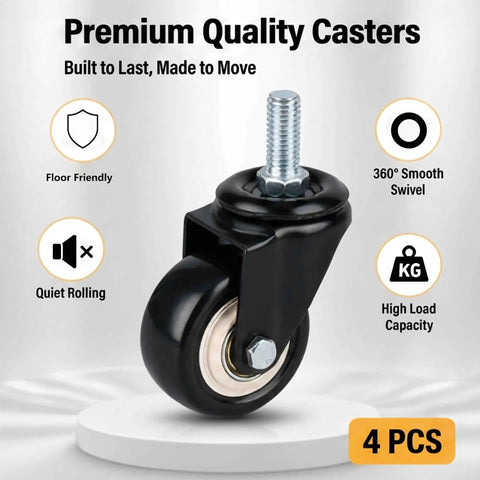 Heavy Duty Swivel Caster Set Of 4 With 2 Inch Wheels And M10 Threaded Stem For Shelving And Cart Mods Smooth As Butter Silent Metal Wheels No Brake Included Quick Swap view highlighting 360° swivel and black design.