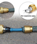 Expandable Hose Repair Kit With 0.353-Inch Hose Barb GHT Adapters Two Brass Shutoff Valves Clamps Washers And Teflon Tape For Quick Leak Fixes And DIY Friendly Install showing a brass adapter connected to a hose