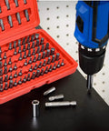 Super Cool 100 Piece Screwdriver Bit Kit With Cr-V Steel, Phillips Slotted Hex Torx Star Tamperproof And More For Drills And Impact Drivers To Crush Any Home Project Or Repair Job Out There Today. 100-piece Cr-V bit set in red case used with a drill